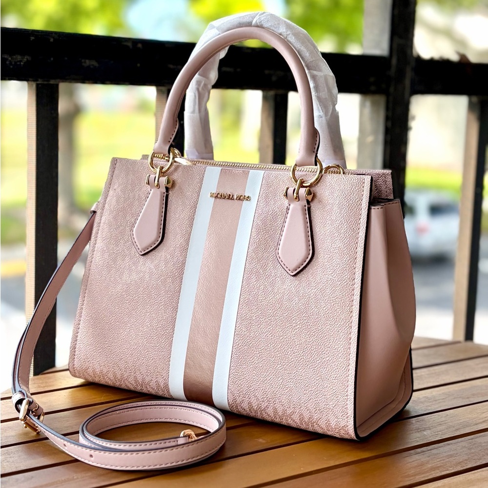 Michael Kors Blush Pink Signature Stripe Satchel - Picture 13 of 16